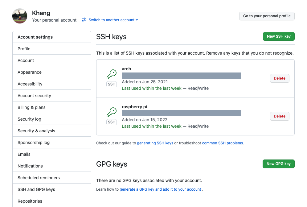 Github SSH and GPG keys page